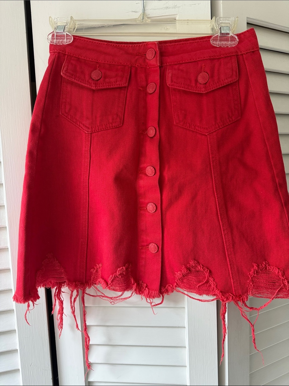 Bright Red Button-Front Distressed Mini Skirt